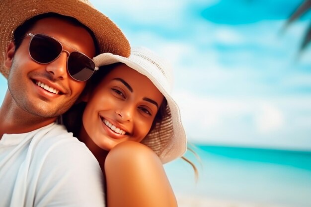 Couple hugging each other and having fun on the beach