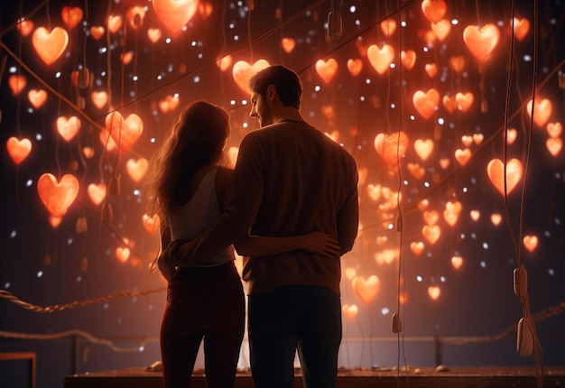 A couple Hugging each other on Valentine's Day area illuminated by the warm glow of hanging hearts