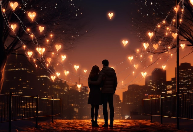 매달린 하트의 따뜻한 빛으로 밝혀진 발렌타인 데이 공간에서 서로를 껴안는 커플