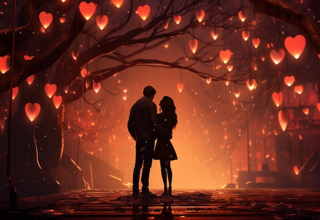 A couple Hugging each other on Valentine's Day area illuminated by the warm glow of hanging hearts