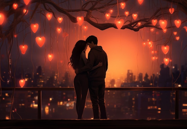 A couple Hugging each other on Valentine's Day area illuminated by the warm glow of hanging hearts