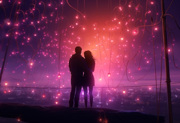 A couple hugging each other on valentine's day area illuminated by the warm glow of hanging hearts