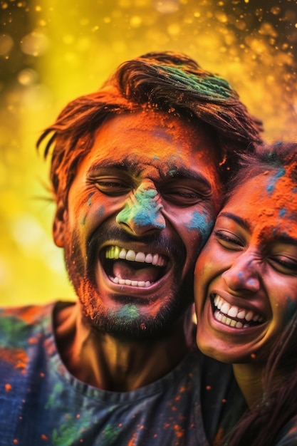 A couple hugging and laughing in front of a colorful poster that says holi.