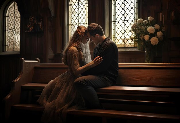 사진 조용히 병적인 스타일로 교회 벤치에서 포옹하는 커플