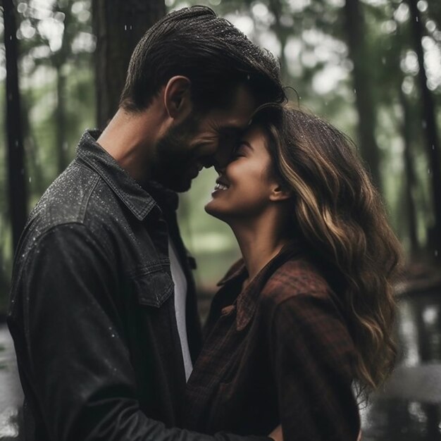 A couple hugging in the rain