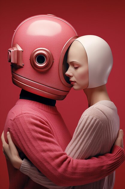 Photo couple hugging in the style of hd mod graphic design poster art light pink and red tiago hoisel