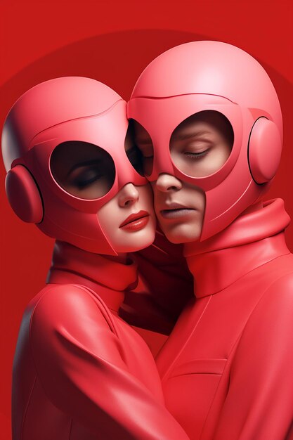 Couple hugging in the style of hd mod graphic design poster art light pink and red tiago hoisel