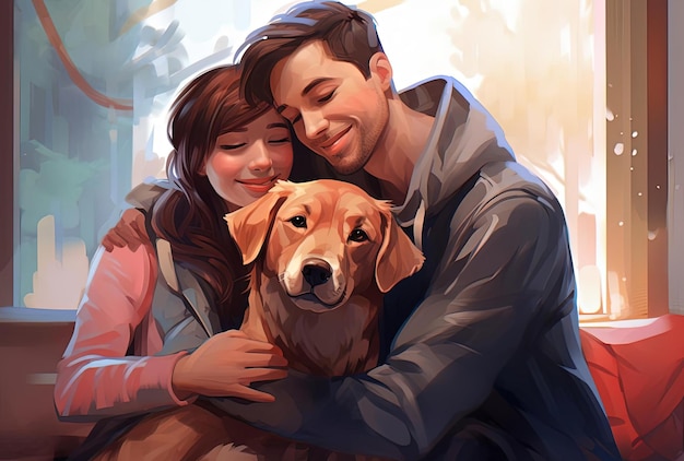 魅力的なキャラクターイラスト風に犬に抱きつくカップル