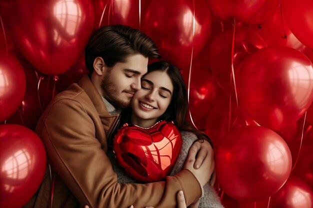 Photo couple hugging with valentines day balloons