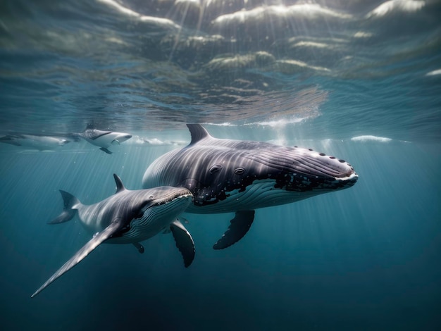 a couple of humpback whales swimming in the ocean together with the sun shining through the water