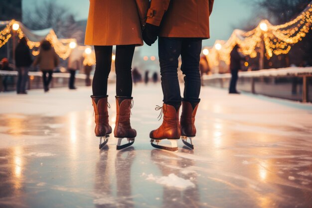 Photo couple ice skating on rink photographed closely