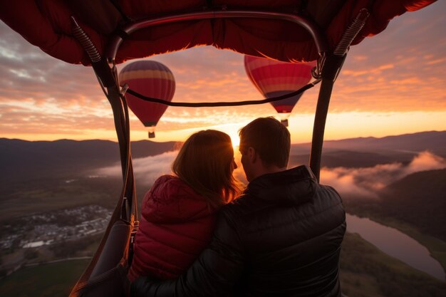 Фото Пара в воздушном шаре наслаждается восходом солнца в день святого валентина