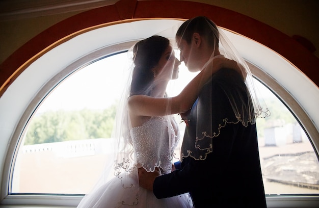 Пара в любви, обниматься у окна. жених и невеста целуются под вуалью
