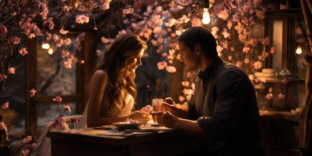 写真 バレンタインデーに恋するカップル ロマンチックな時間 美しいカップルがピクニックを楽しんでいます コピースペースの時間