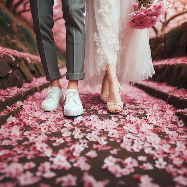 Фото Влюбленная пара ходит по розовому цвету вишни на заднем плане
