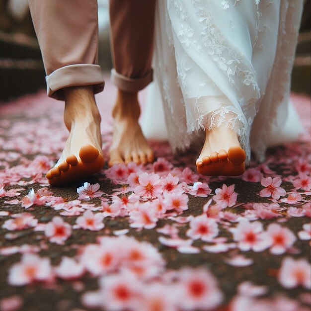 Foto couple in love walking on the pink cherry blossoms background