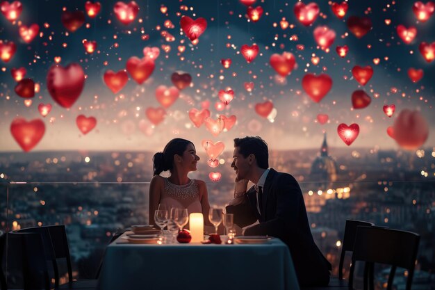 사진 발렌타인 데이 밤에 로맨틱한 레스토랑에서 사랑의 프라그마를 축하하는 커플.