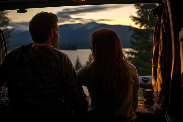 a couple inside a camper van sleeping with views of nature