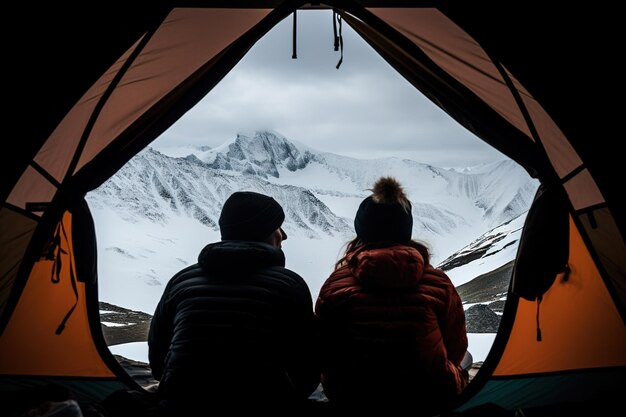 A couple inside a tent looking on beautiful mountain view generative ai