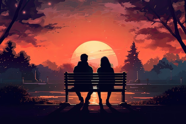 Пара интимных отношений на скамейке, любуясь вечерним небом