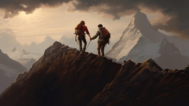 Couple is climbing the mountain