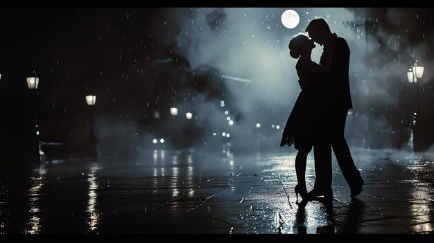 Photo a couple is dancing in the rain the street is wet and the lights are reflected in the puddles