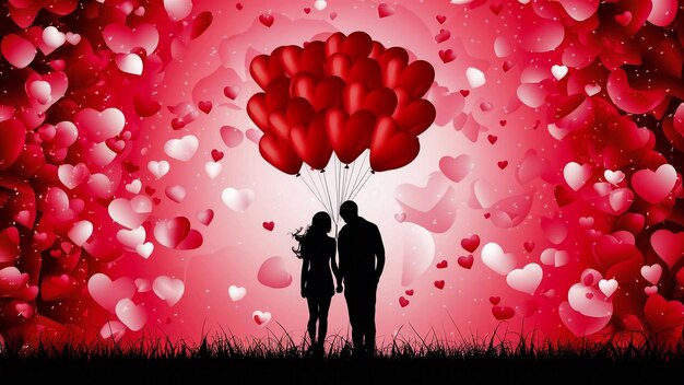 a couple is flying a heart shaped balloon with a couple in the background