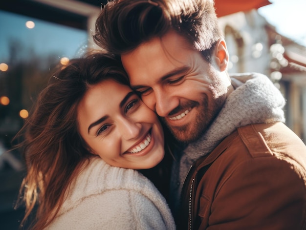Couple is hugging and smiling with man wearing brown jacket