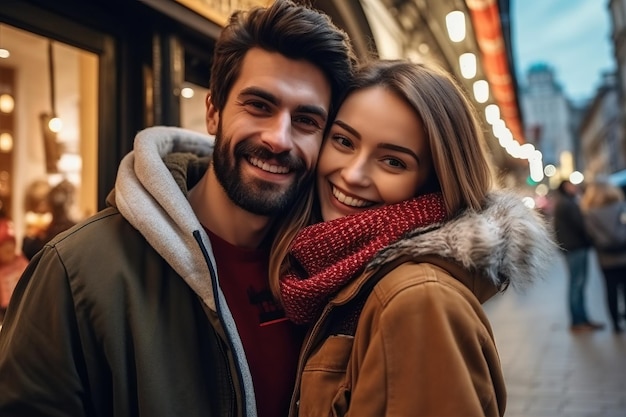 A couple is hugging on a street