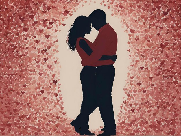 a couple is kissing in front of a heart shaped background with hearts