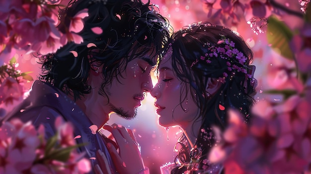 Photo a couple is kissing in the rain with flowers on them