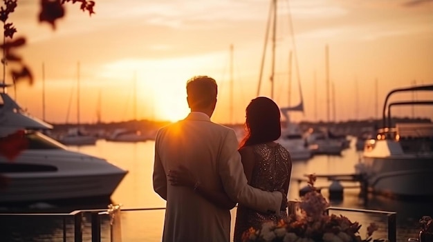 Photo a couple is looking at the sunset in a harbor