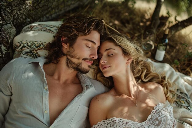 夫婦は木の下の毛布の上に横たわって顔に愛情とロマンチックな表情をしています