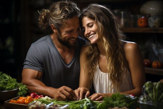 Photo couple is preparing vegetables in a kitchen