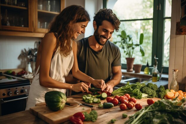 Photo couple is preparing vegetables in a kitchen