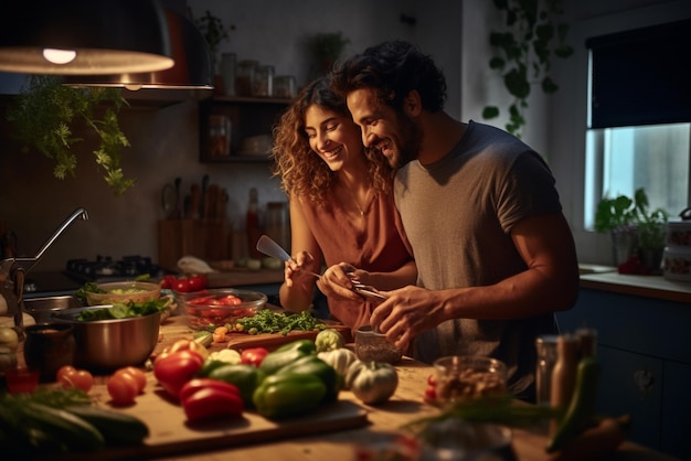 夫婦 が キッチン で 野菜 を 調理 し て いる