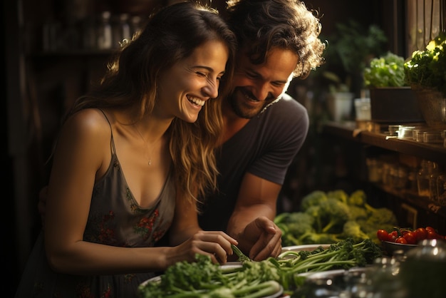 Photo couple is preparing vegetables in a kitchen