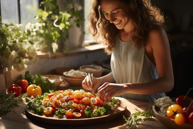 Photo couple is preparing vegetables in a kitchen