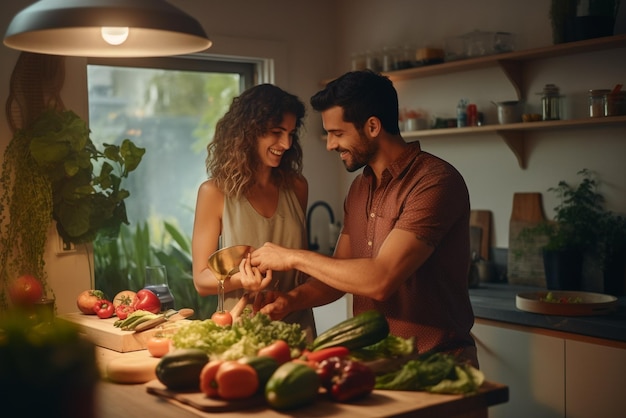 Couple is preparing vegetables in a kitchen