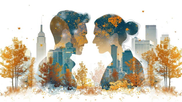 Photo a couple is shown in a cityscape with trees in the background