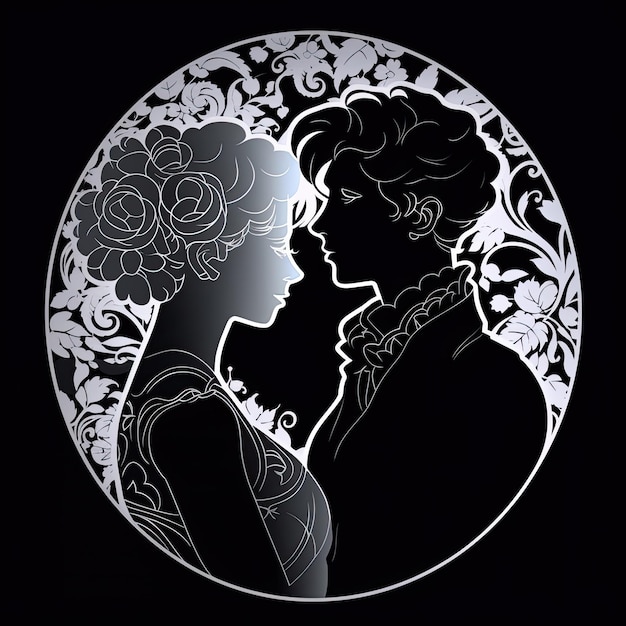バラが描かれた円の中にカップルのシルエットが描かれています。