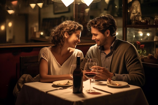 A couple is sitting at a table with a bottle of wine and a plate of food.