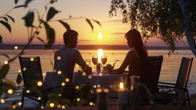 a couple is sitting at a table with a sunset in the background