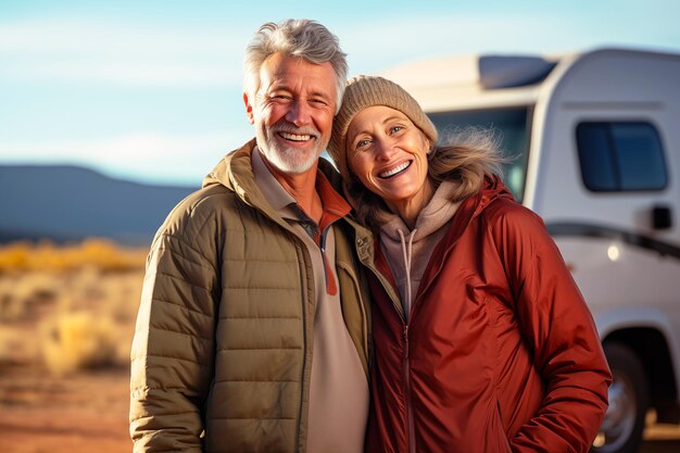 Foto una coppia sta sorridendo e posando per una foto davanti a un rv bianco