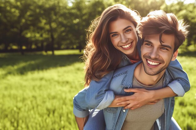 Photo couple is smiling and posing for picture in grassy field