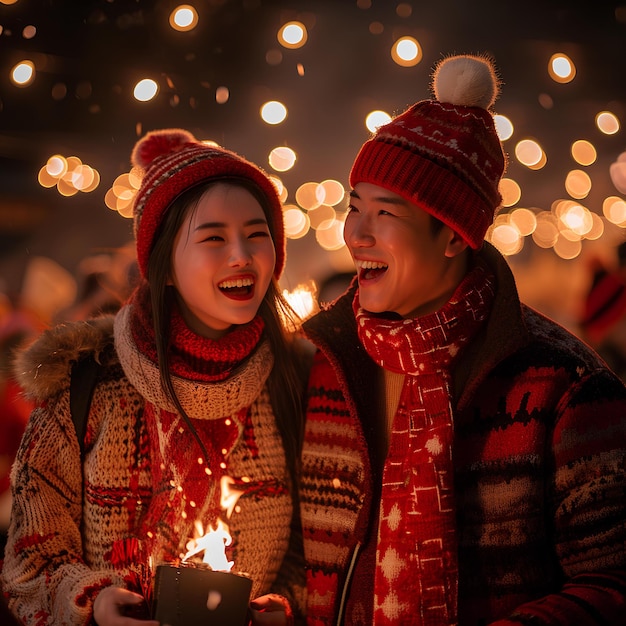 A couple is smiling while holding a snowball candle