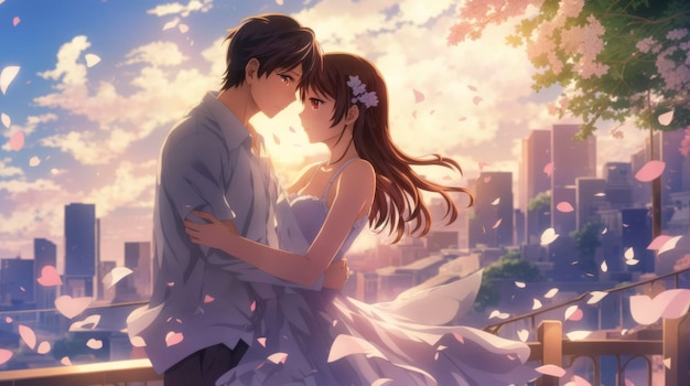 a couple is standing in front of a city skyline with petals falling down