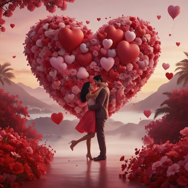 a couple is standing in front of a heart shaped heart with many hearts in the background