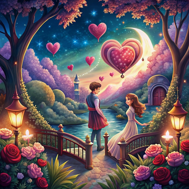 a couple is standing in front of a pond with hearts and flowers