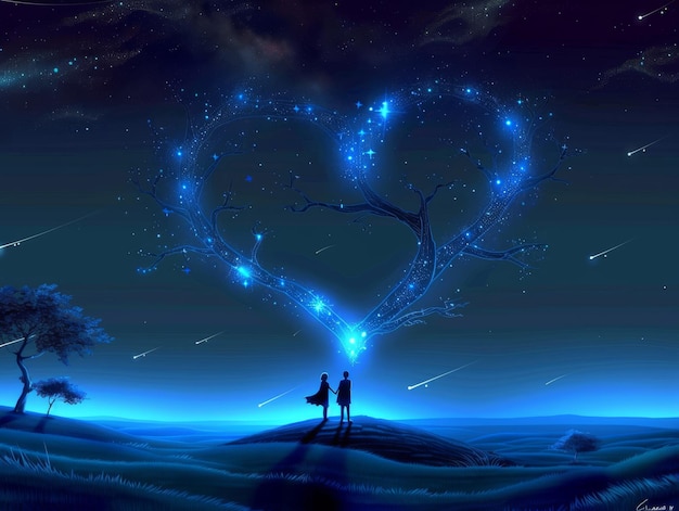 A couple is standing on a hill with a heart made of fire